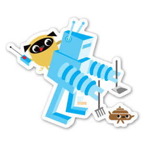 Sticker de Pug & Poo avec un robot. 