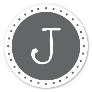 Sticker gris avec la lettre J.