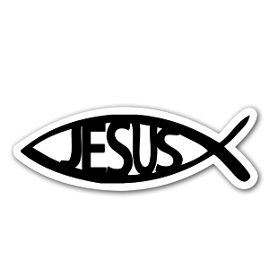 Sticker d'un poisson ayant écrit ''Jesus'' à l'intérieur.