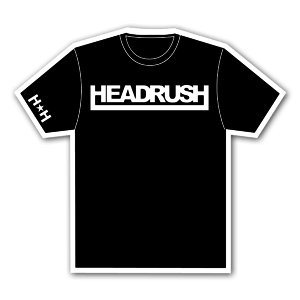 Sticker d'un t-shirt noir avec le texte ''headrush''.