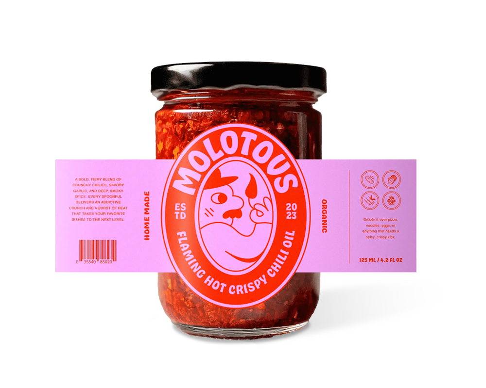 Jar of Molotovs flaming hot crispy chili oil with a pink label featuring a stylized face, and product details.