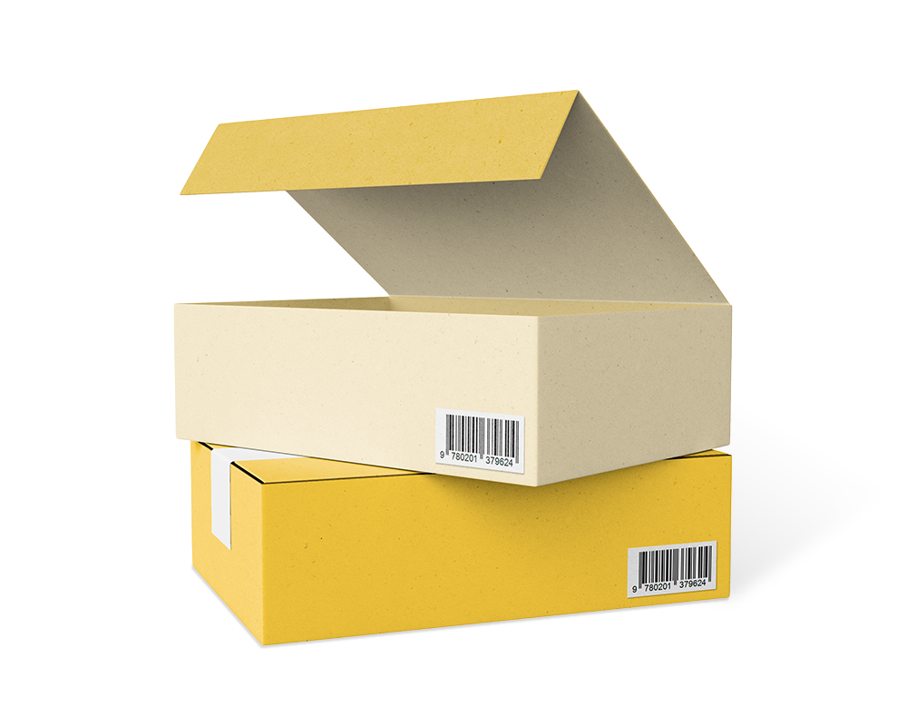 Two stackable cardboard boxes, one yellow and one beige. The beige box is open, and both have visible barcode labels on the side.
