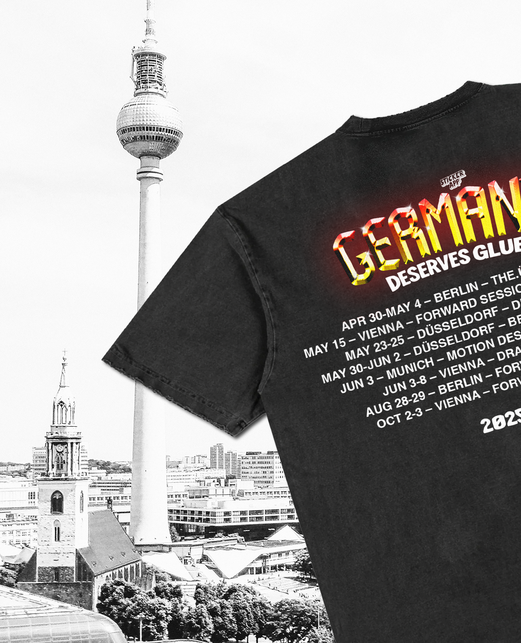 La tour de télévision de Berlin et un T-shirt noir de la tournée "Germany Deserves Glue" avec les dates 2025, version mobile