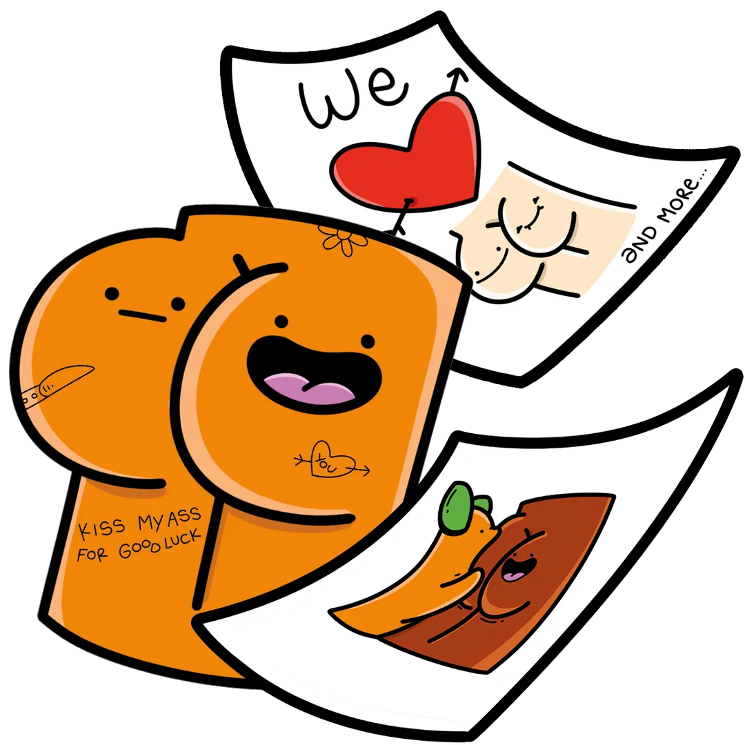 Personnage fesses orange avec le texte "Kiss my ass for good luck" et cartes de stickers NSFW de The Dirty Drop