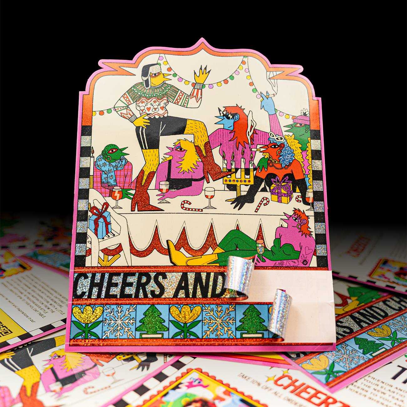 Colorful cheers sticker sheet with celebrating figures