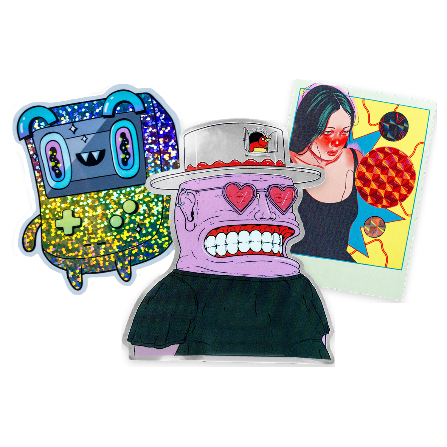 Stickers personnalisés pailletés, miroir et prismatiques : un personnage de console de jeu, un homme au large sourire avec des lunettes de soleil en cœur et le portrait d'une femme aux cheveux bleu-vert