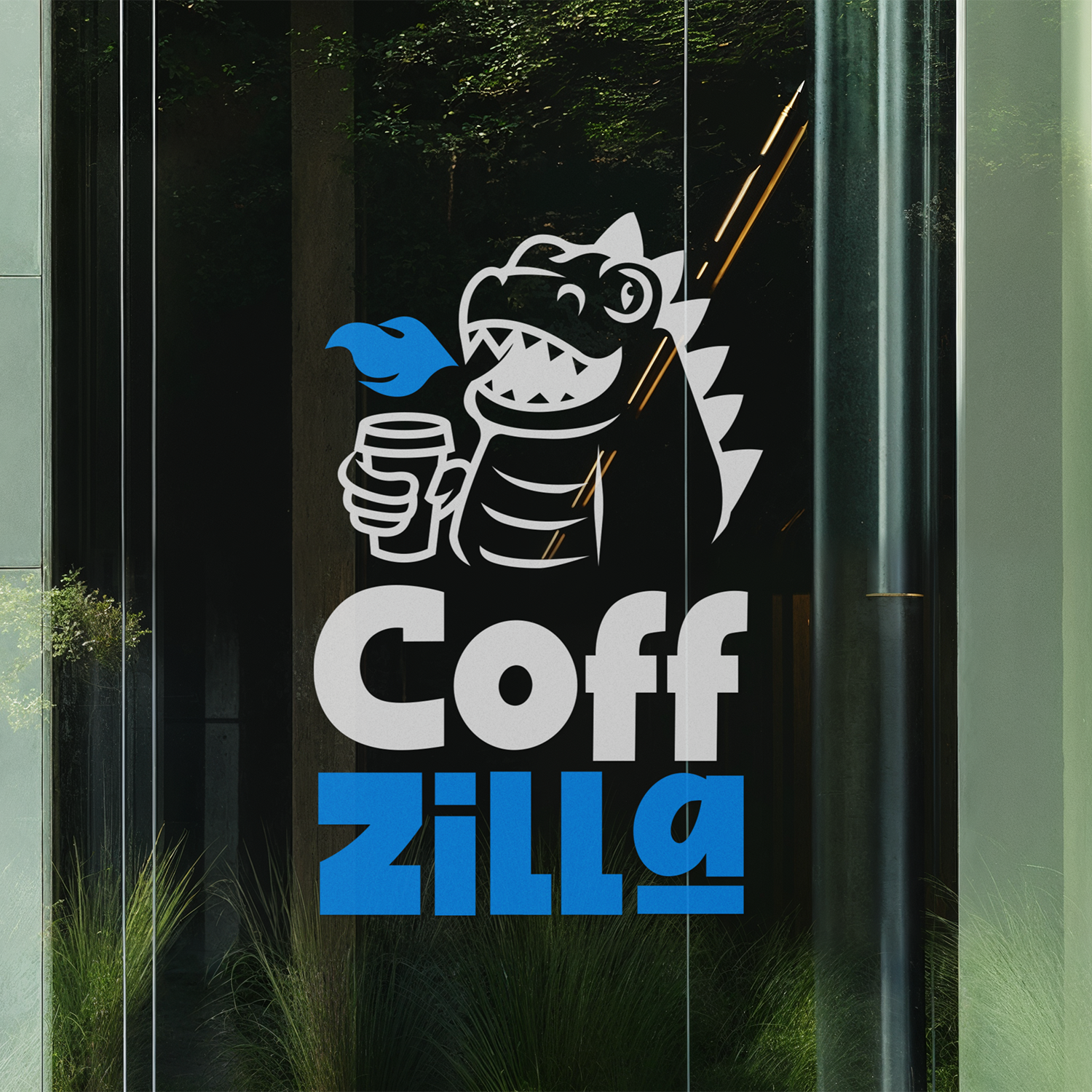 Transfert en vinyle de "CoffZilla" avec un dragon de dessin animé tenant une tasse de café, avec un texte stylisé bleu et blanc sur une surface en verre.
