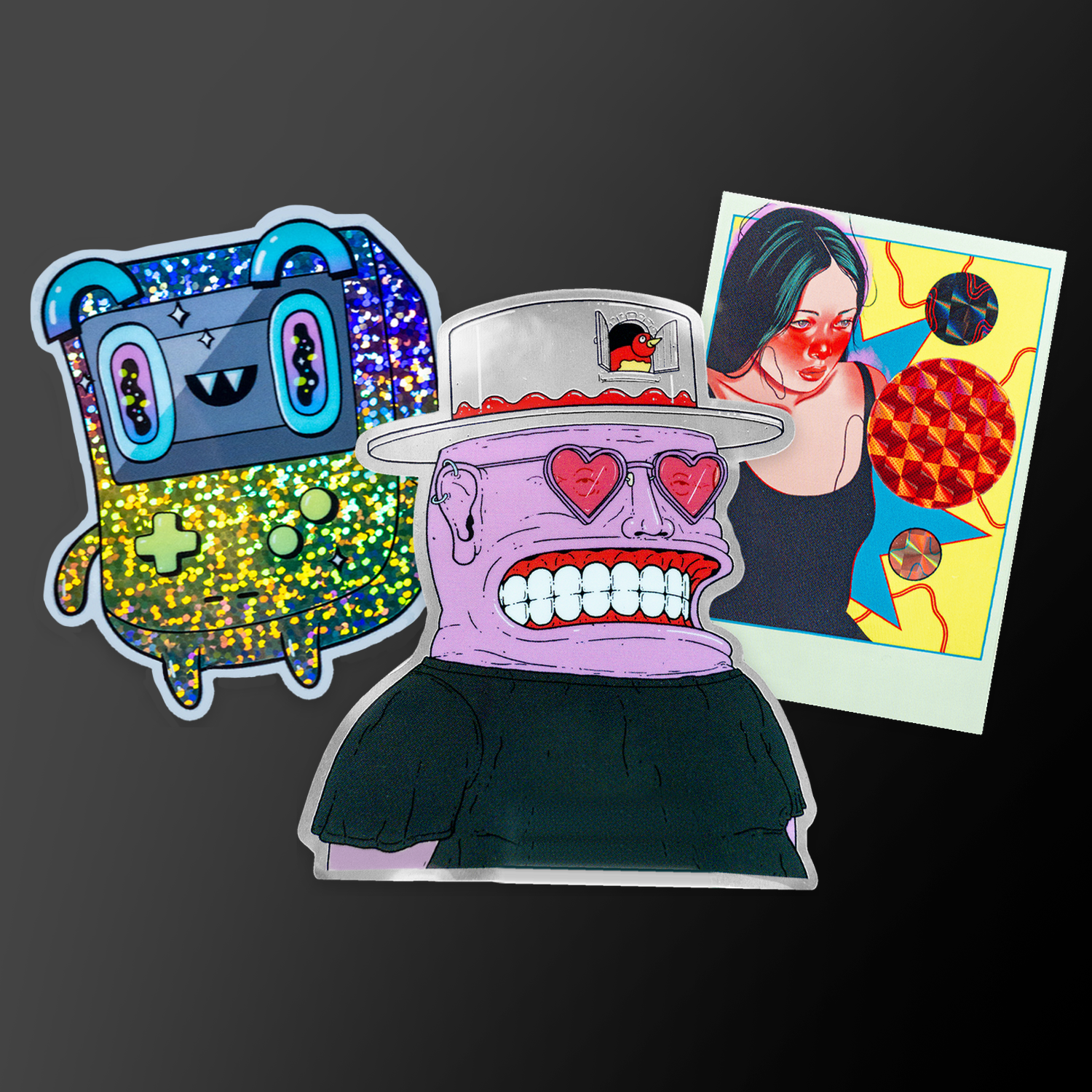 Stickers personnalisés pailletés, miroir et prismatiques : un personnage de console de jeu, un homme au large sourire avec des lunettes de soleil en cœur et le portrait d'une femme aux cheveux bleu-vert