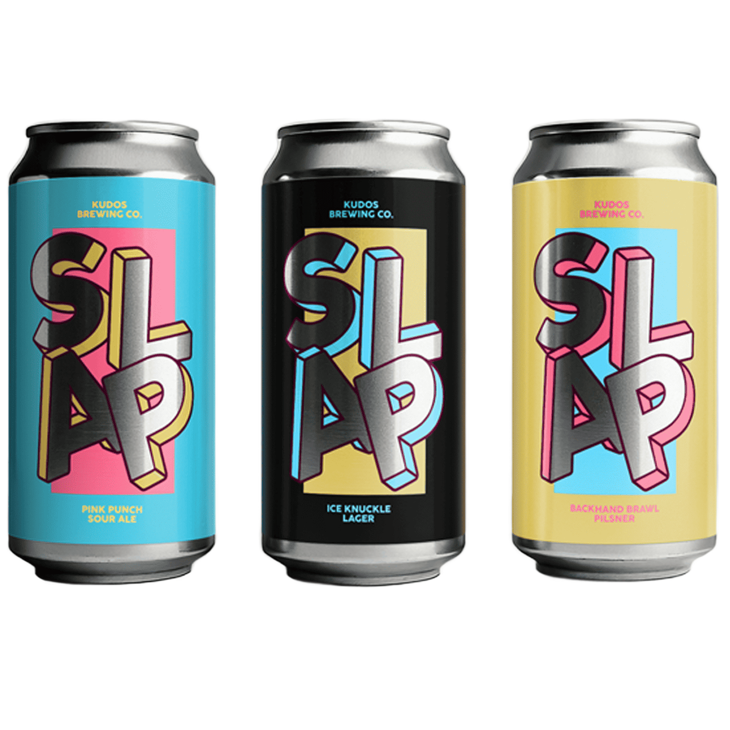 Trois canettes de bière avec des étiquettes personnalisées pour les bières SLAP de Kudos Brewing Co., au lettrage épais en finition argent métallisé