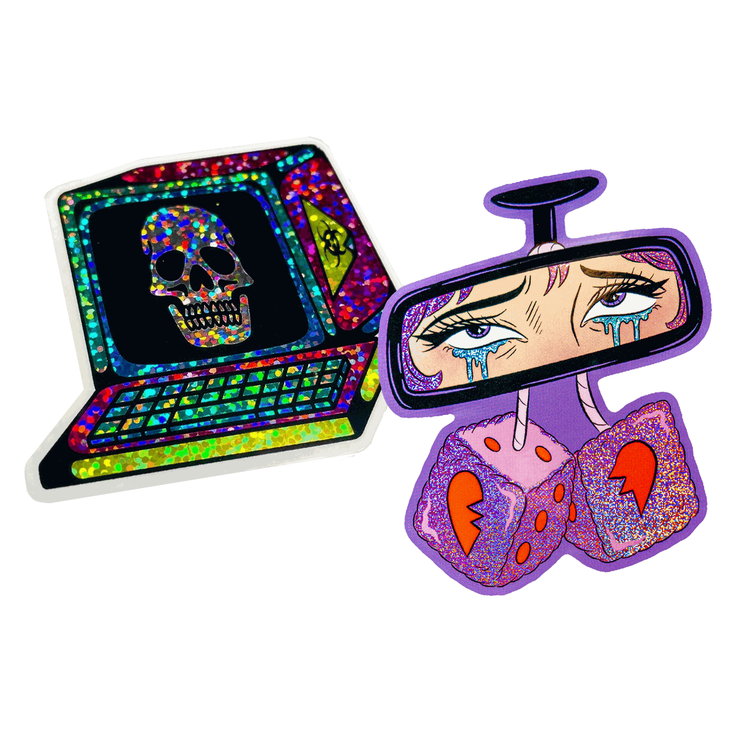 Sticker à la forme pailleté représentant un ordinateur rétro avec une tête de mort à l'écran, à côté d'un sticker à la forme Pixie Dust en rétroviseur avec des yeux larmoyants et des dés en peluche