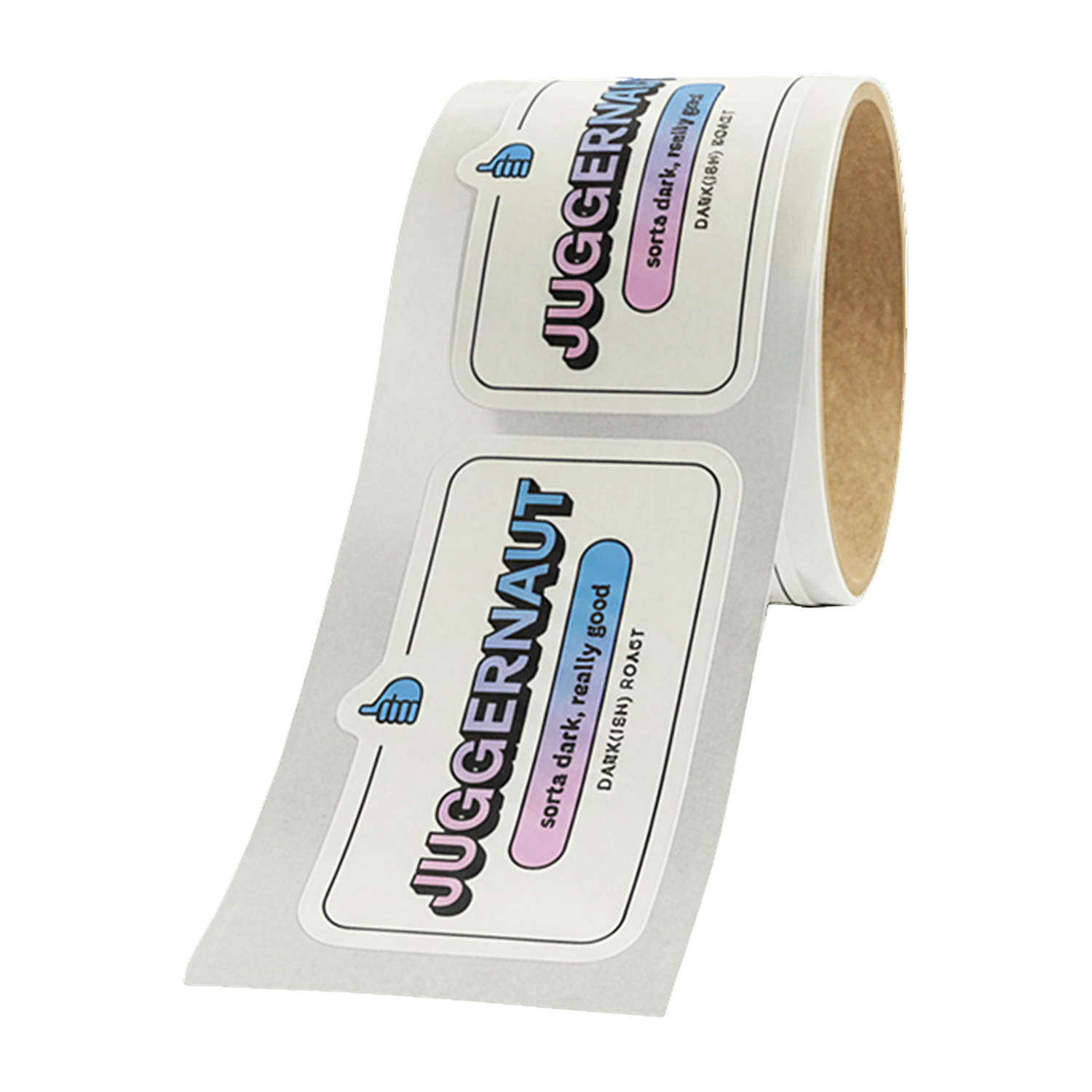 Rouleau d'étiquettes de café Juggernaut au lettrage épais et coloré