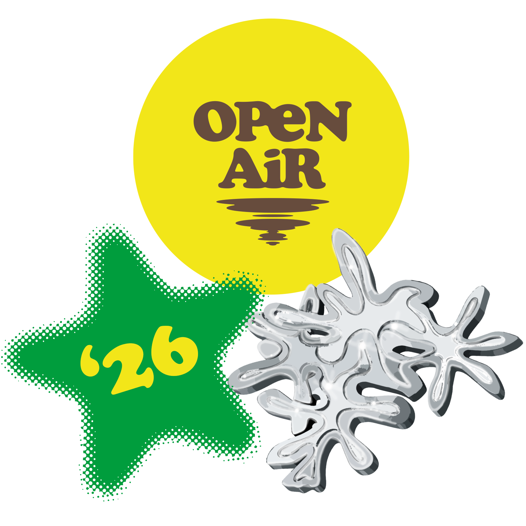 Autocollants colorés avec un logo Open Air, une étoile verte '26 et des formes abstraites argentées.