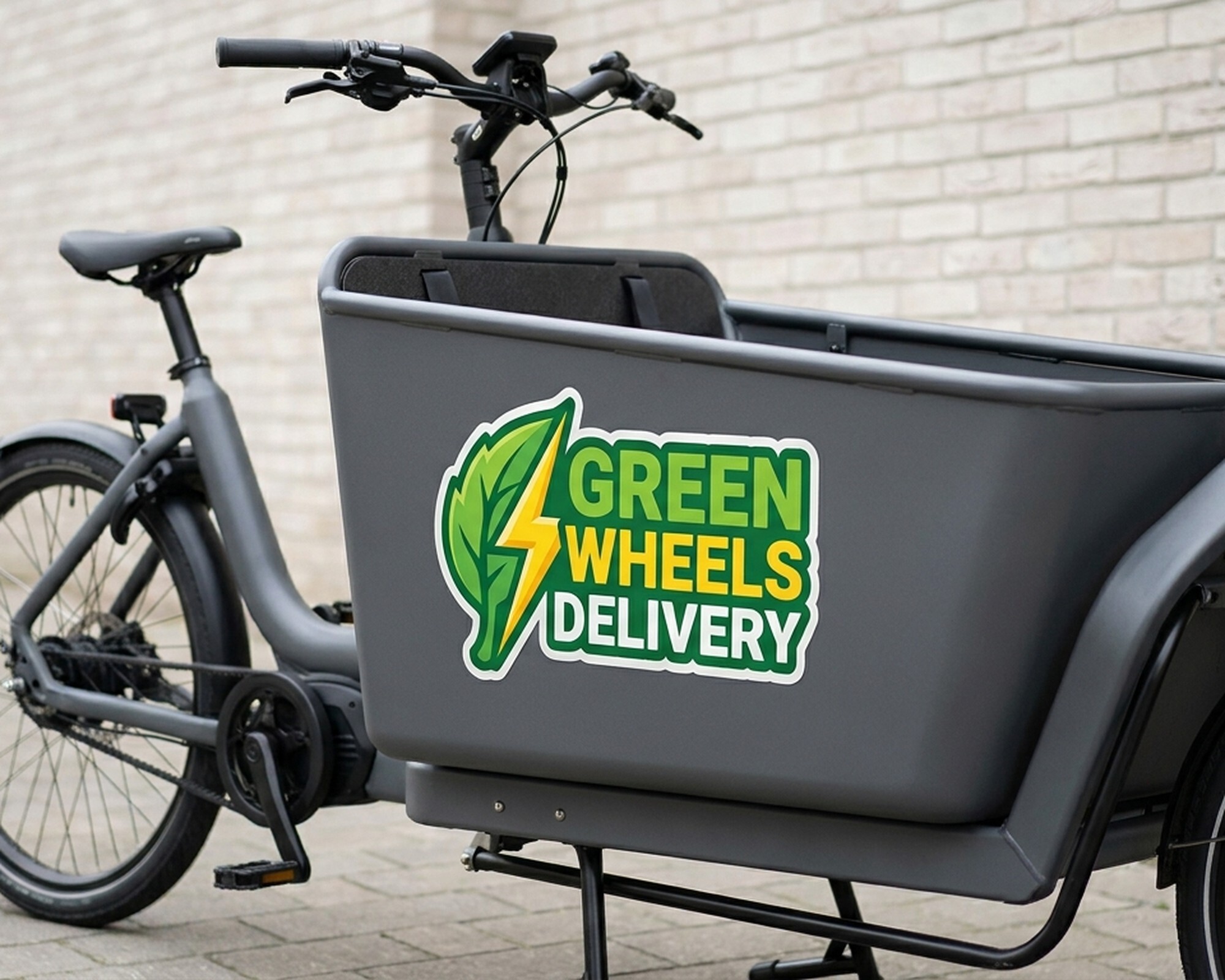 Décalcomanie personnalisée à la forme avec un logo feuille et éclair « Green Wheels Delivery » sur le caisson d’un vélo cargo