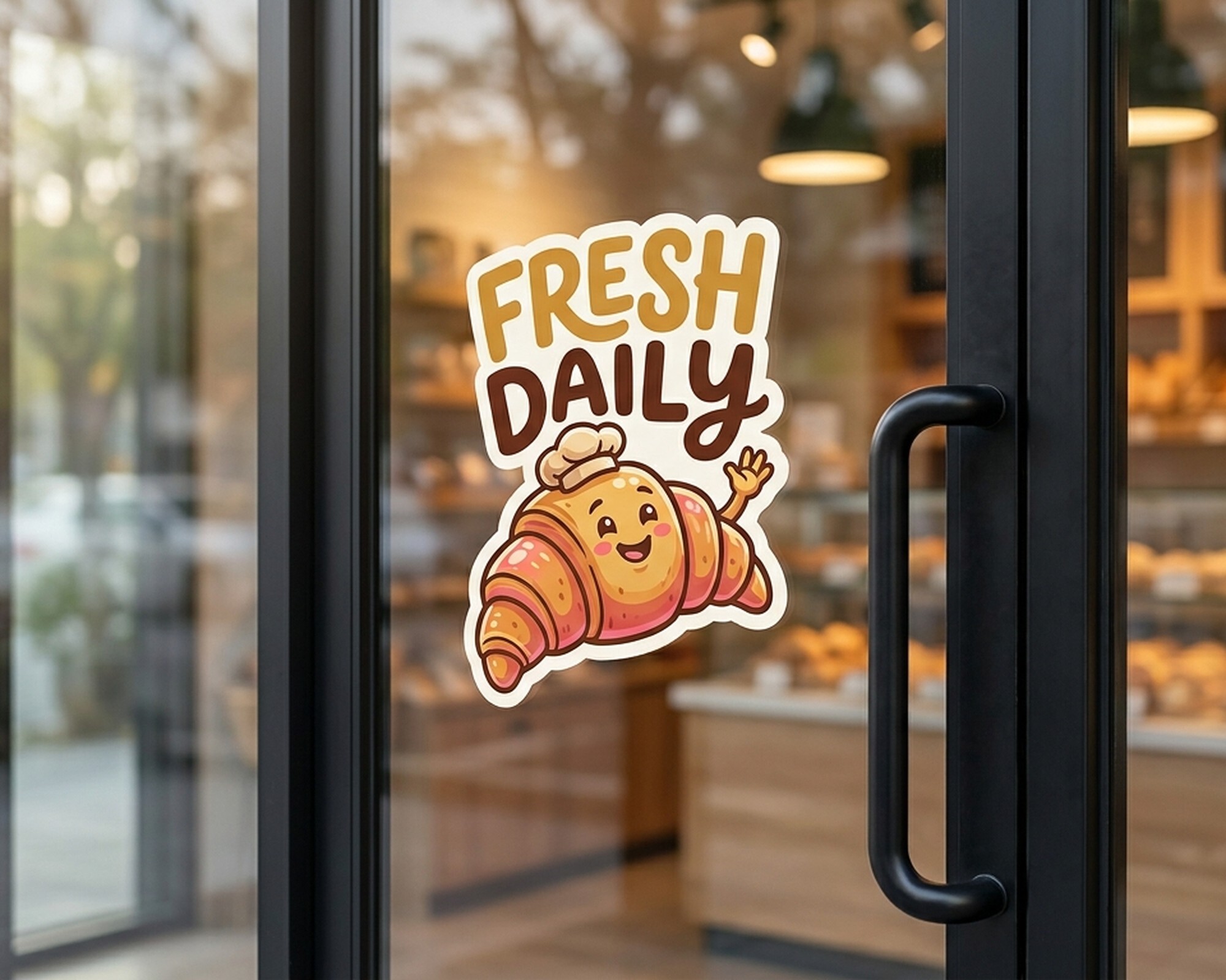 Décalcomanie personnalisée à la forme avec un croissant souriant et le texte « Fresh Daily » sur la porte vitrée d’une boulangerie