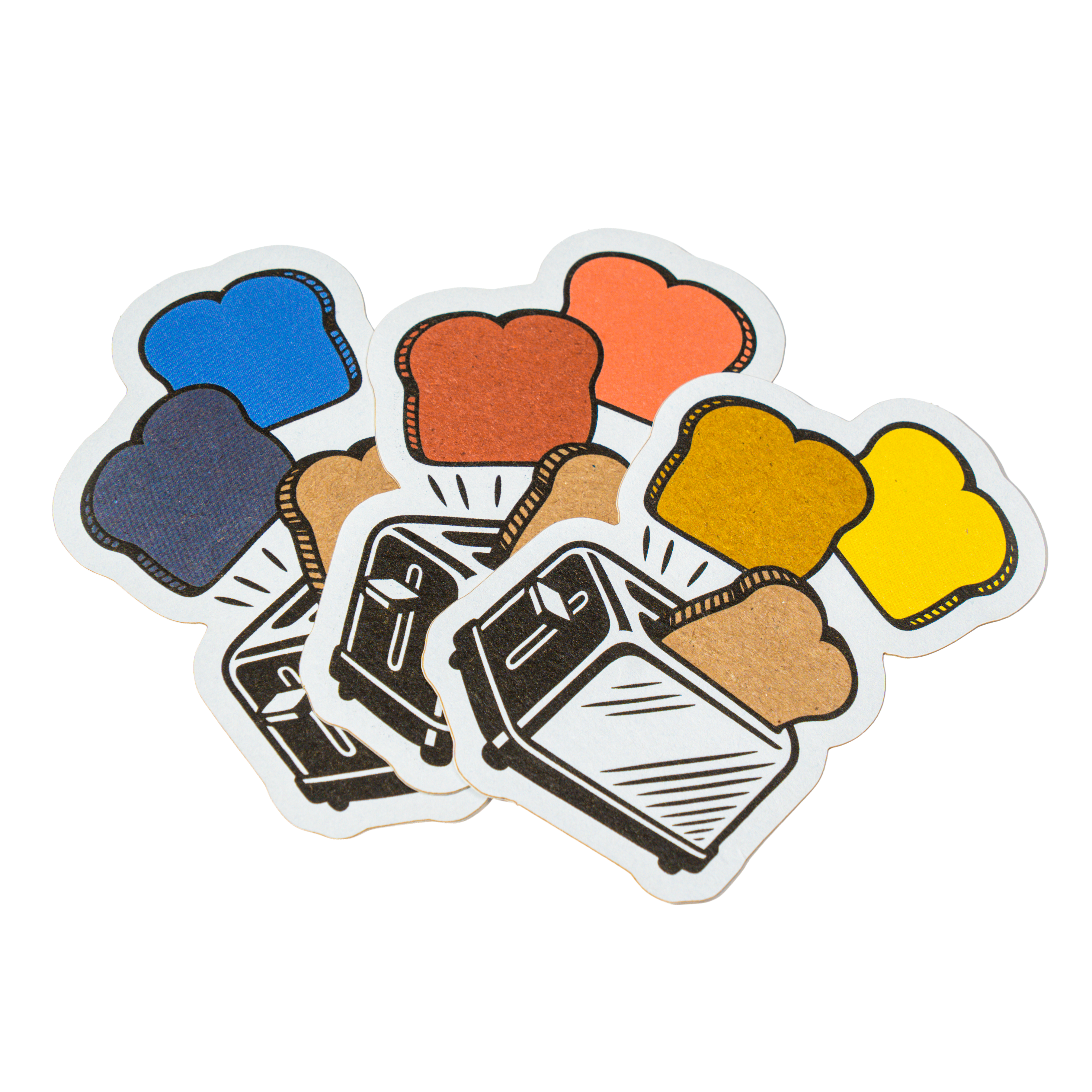 Colorful die cut sticker featuring a toaster with popping slices of bread in different colors, arranged as a small sticker stack