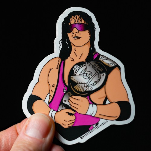 Custom vinyl sticker of wrestler in sunglasses holding a champion belt