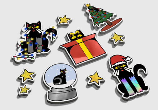 Several stacked Christmas stickers of different materials.