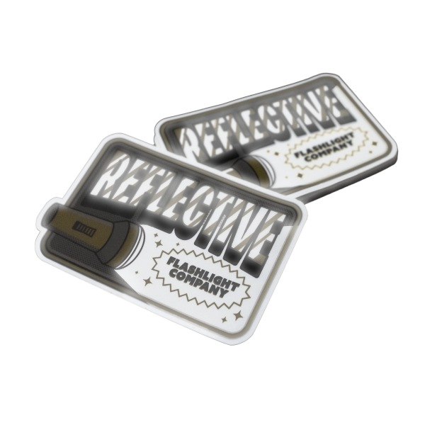 Stickers réfléchissants avec un design de lampe torche, un texte en gras et l'étiquette « Flashlight Company ».