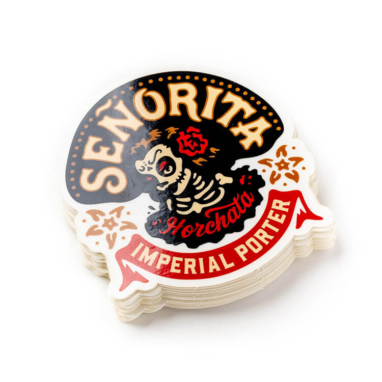 A viny sticker with a skeleton on it that says senorita imperial sorter