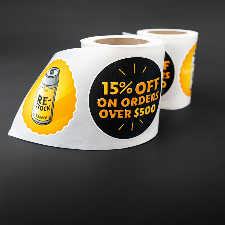 Labels on a roll saying15% off.