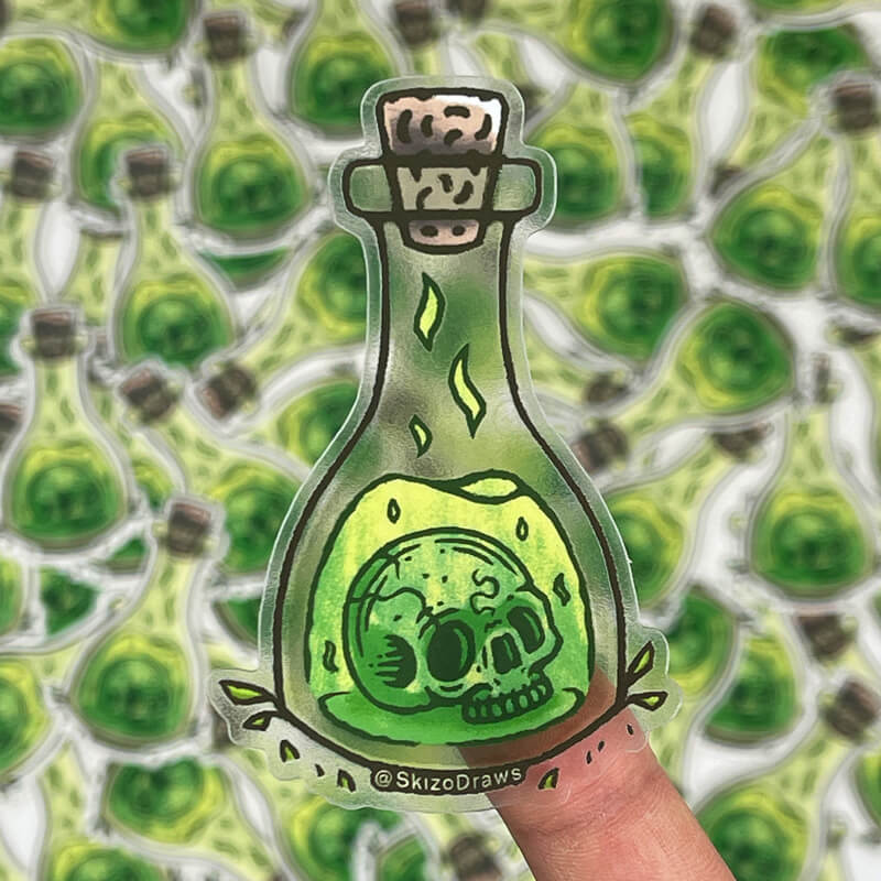 Sticker à la forme transparent représentant un crâne flottant dans une bouteille d'élixir vert, sur fond de stickers.