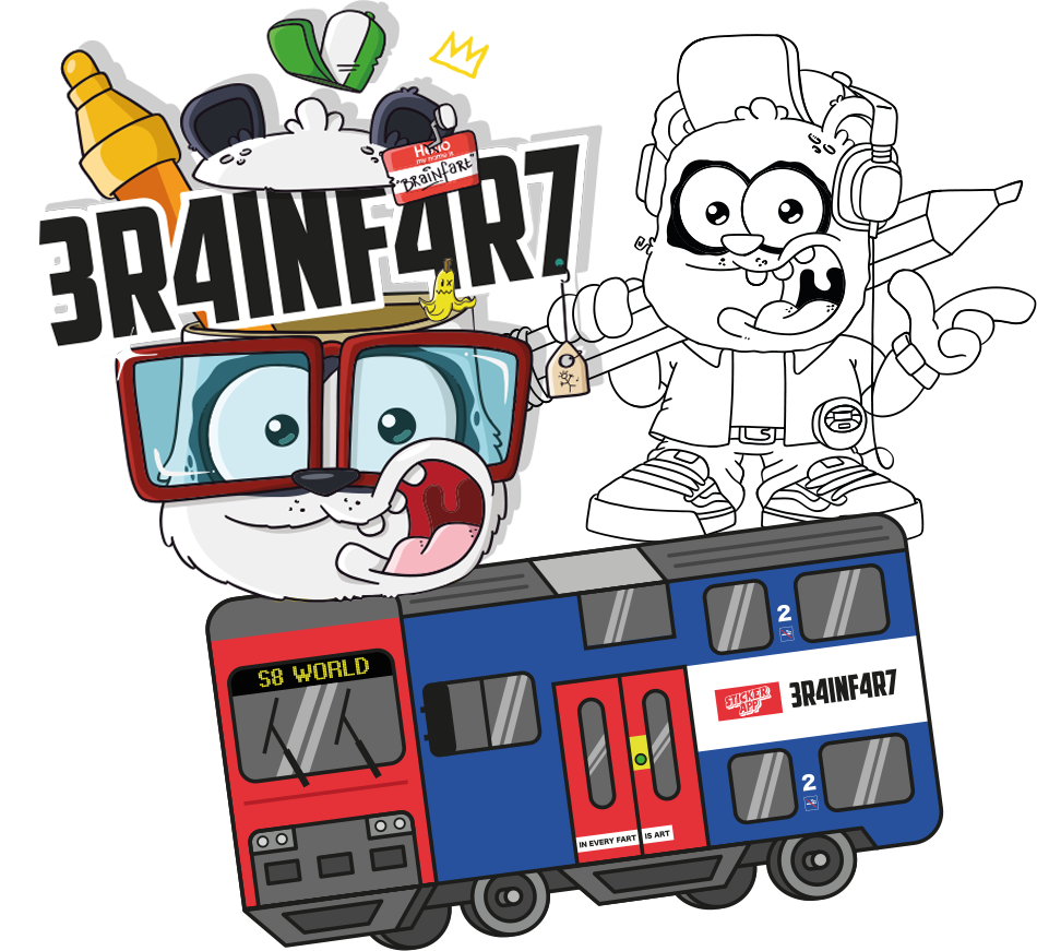 Illustration Brainfart x StickerApp avec le logo 3R4INF4R7, deux personnages cartoon et un train de banlieue S8 World